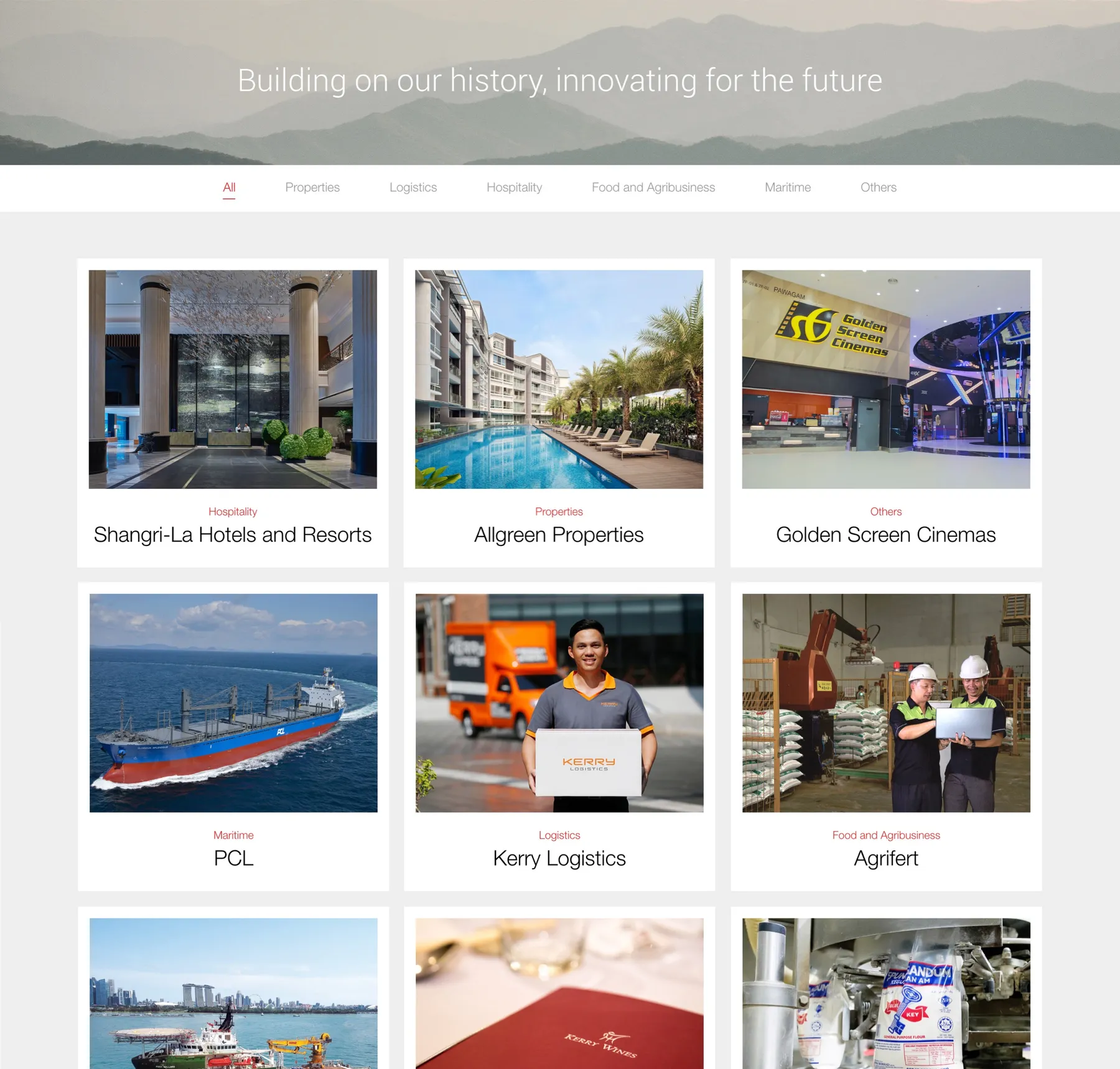 Website portfolio grid featuring various business sectors, including Shangri-La, Allgreen Properties, and Kerry Logistics.